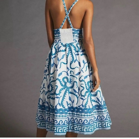 Anthropologie Blue and White Halter Plunge Midi Sundress - Picture 2 of 9